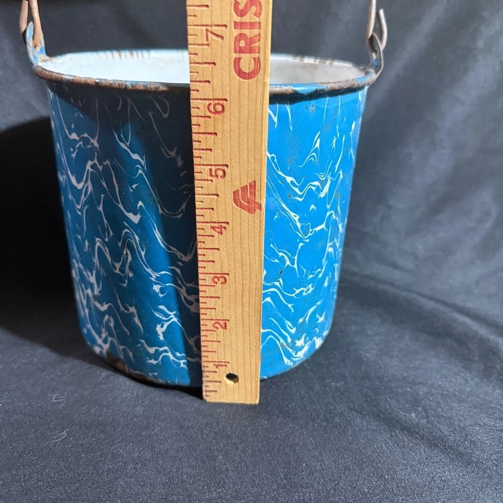 Vintage blue and white splatterware Enamel Bucket with wooden handle